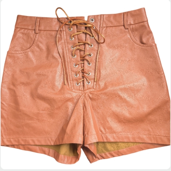 BooHoo High Rise Lace-Up Faux Leather Shorts Camel Brown Booty Shorts Size 4 - Picture 3 of 6